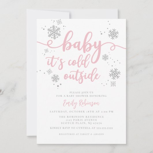 ベビーは寒い |ピンクのスノーフレーク・ガール・ベビーシャワー 招待状 (正面)