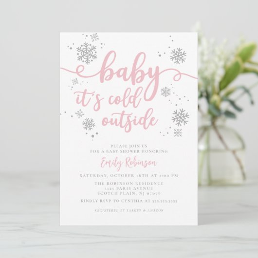 ベビーは寒い |ピンクのスノーフレーク・ガール・ベビーシャワー 招待状 (スタンド正面)