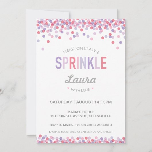 ベビーは招待状、ピンクおよび紫色を振りかけます 招待状 (正面)