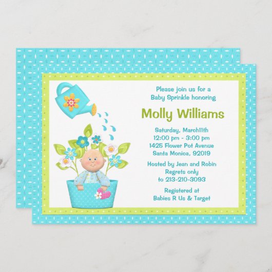 ベビーは植木鉢の男の子のシャワーの招待状を振りかけます 招待状 (正面/裏面)