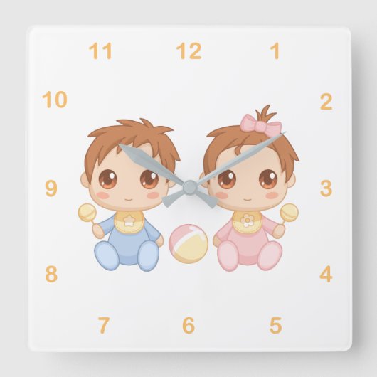 ベビーは男の子および女の子2を結び付けます スクエア壁時計 (正面)