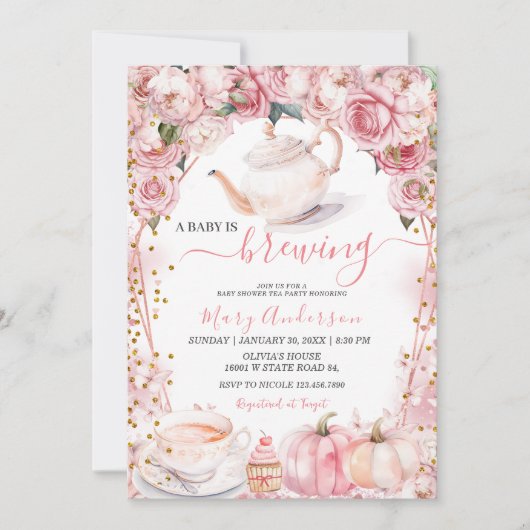 ベビーは紅茶かぼちゃの女の子の赤ちゃんシャワーを醸造している 招待状 (正面)