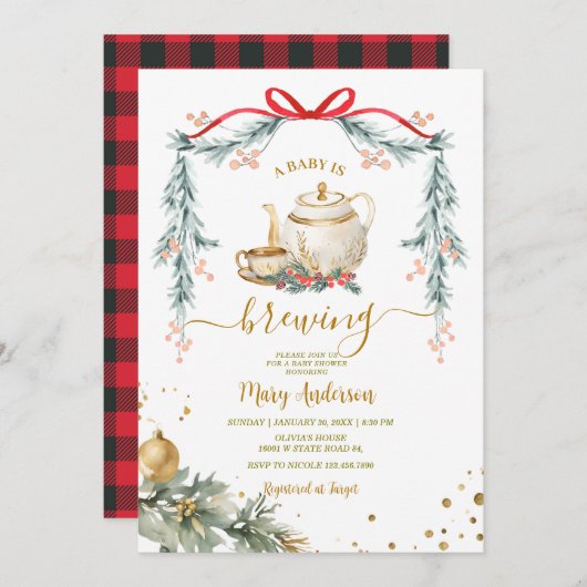 ベビーは紅茶を醸造しているパーティークリスマスベビーシャワー 招待状 (正面/裏面)