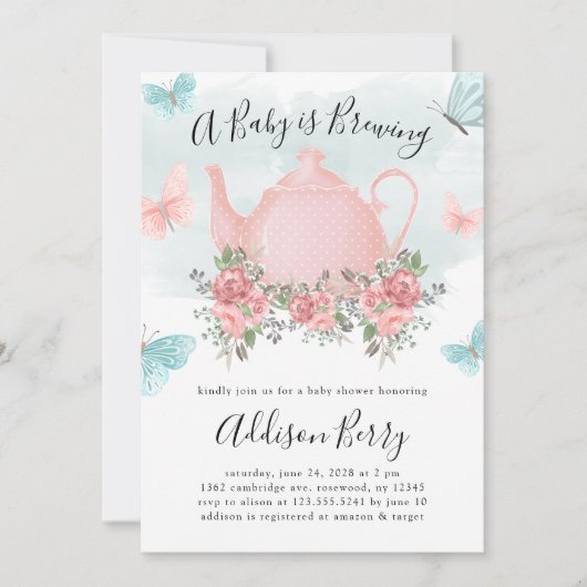 ベビーは紅茶パーティーとバタフライシャワーを醸造する 招待状 (正面)