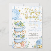 ベビーは紅茶パーティーのベビーシャワー青バラ 招待状 (正面)