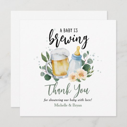 ベビーは緑のシャワーサンキューカードを醸造している 招待状 (正面/裏面)