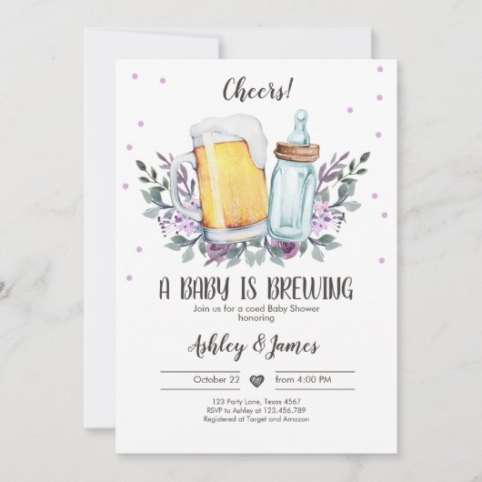 ベビーは緑の応援を醸造している赤ちゃんシャワー 招待状 (正面)