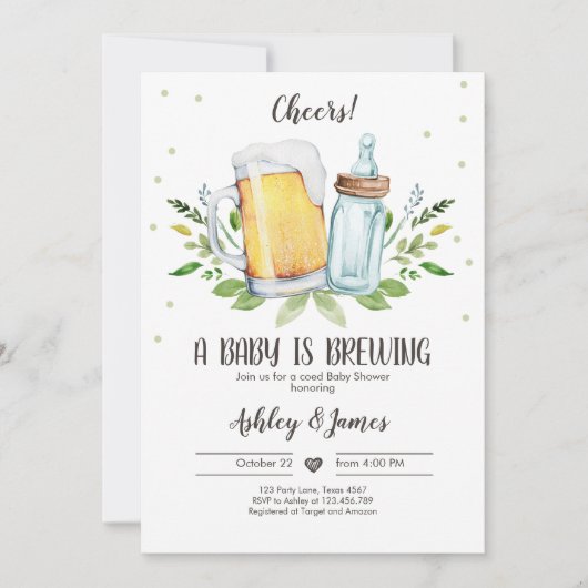 ベビーは緑の応援を醸造している赤ちゃんシャワー 招待状 (正面)