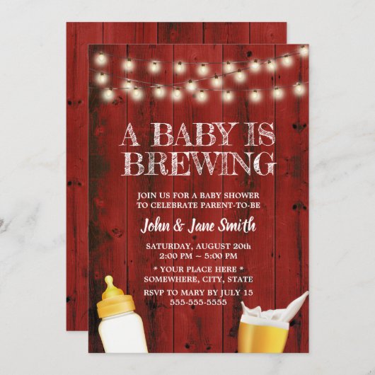 ベビーは赤いバ素朴ンウッドの赤ちゃんシャワーを醸造している 招待状 (正面/裏面)
