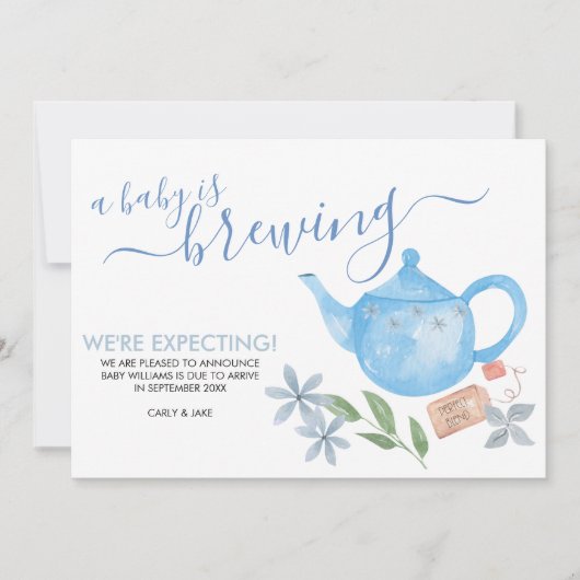 ベビーは醸造だ |かわいい青いティーポット妊娠 案内状 (正面)