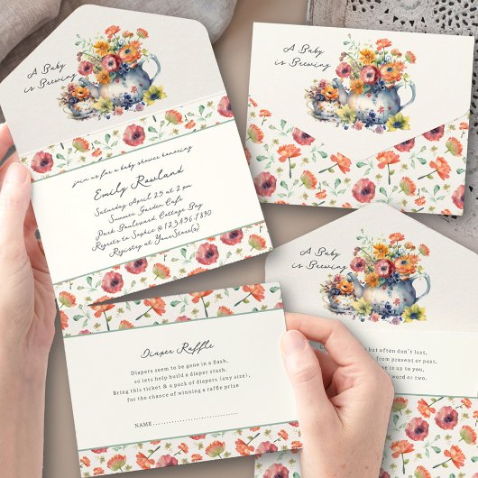 ベビーは醸造フローラティーポットベビーシャワー オールインワン招待状