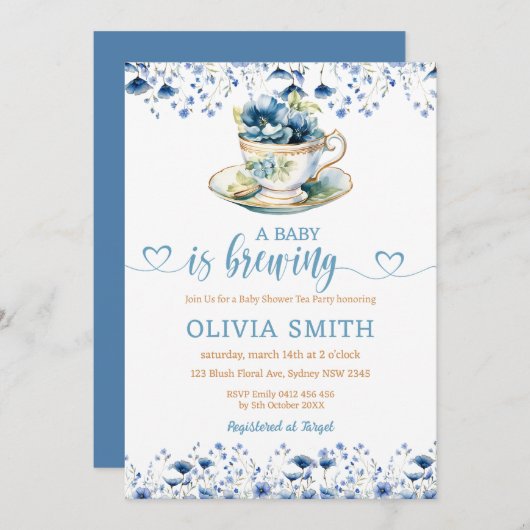 ベビーは醸造フローラ紅茶パーティー少年ベビーシャワー 招待状 (正面/裏面)
