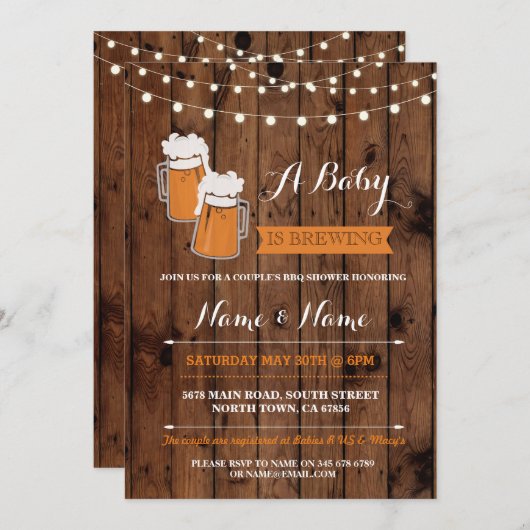 ベビーは醸造用シャワービアーズBBQウッド招待状 招待状 (正面/裏面)