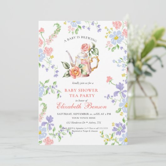 ベビーは醸造赤面フラワーベビーシャワー茶Inv 招待状 (スタンド正面)