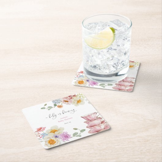 ベビーは野生の花の茶の赤ちゃんシャワーを醸造している スクエアペーパーコースター (インサイチュ)