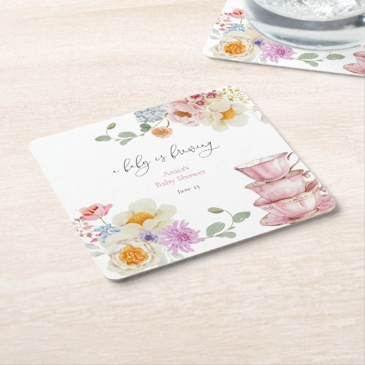 ベビーは野生の花の茶の赤ちゃんシャワーを醸造している スクエアペーパーコースター (アングル)