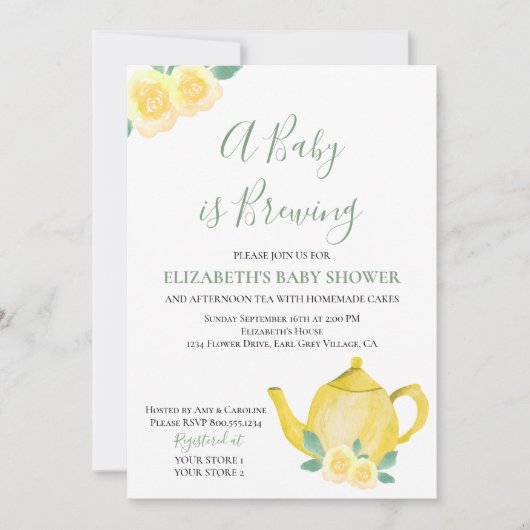ベビーは黄色のティーポット赤ちゃんシャワーを醸造している 招待状 (正面)