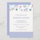 ベビーアイテムかわいい紫の水玉模様赤ちゃんシャワー 招待状 (正面/裏面)