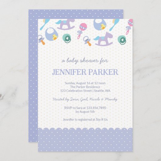ベビーアイテムかわいい紫の水玉模様赤ちゃんシャワー 招待状 (正面/裏面)