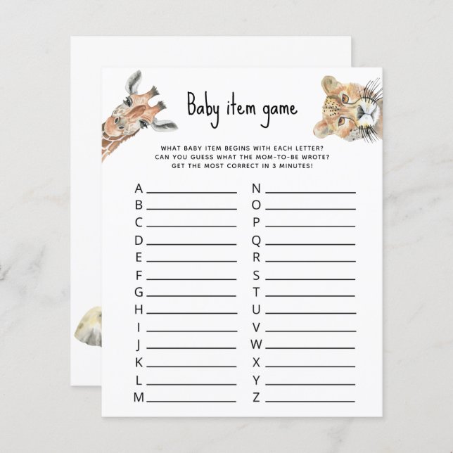 ベビーアイテムのゲーム – サファリ動物の赤ちゃんシャワー (正面/裏面)