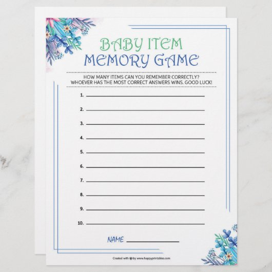 ベビーアイテムのメモリゲーム[青フローラ] レターヘッド (正面/裏面)