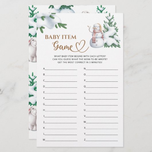 ベビーアイテムゲーム冬の赤ちゃんシャワーゲーム。 (正面/裏面)