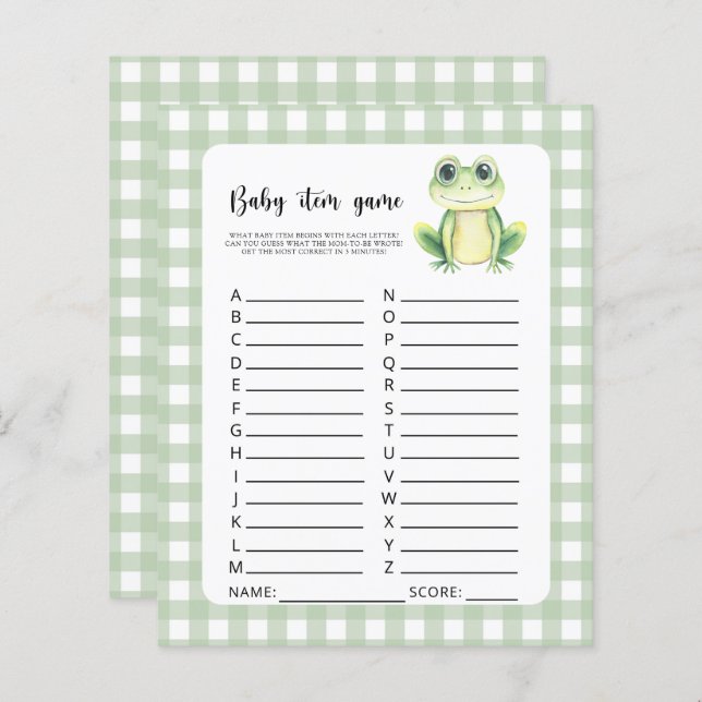 ベビーアイテムゲーム。カエル赤ちゃんシャワーゲーム (正面/裏面)