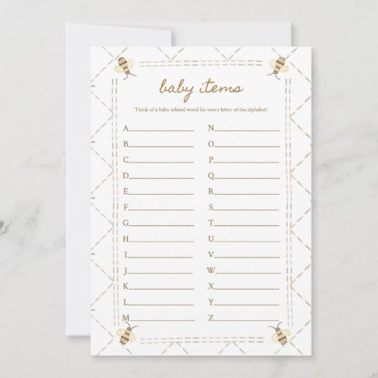 ベビーアイテムハニービー赤ちゃんシャワーゲームカード 招待状 (正面)