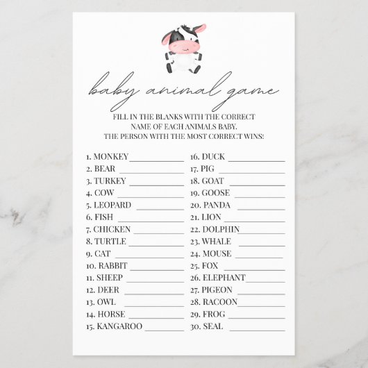 ベビーアニマルゲームピンク牛ベビーシャワーファームウェスタン チラシ (正面)