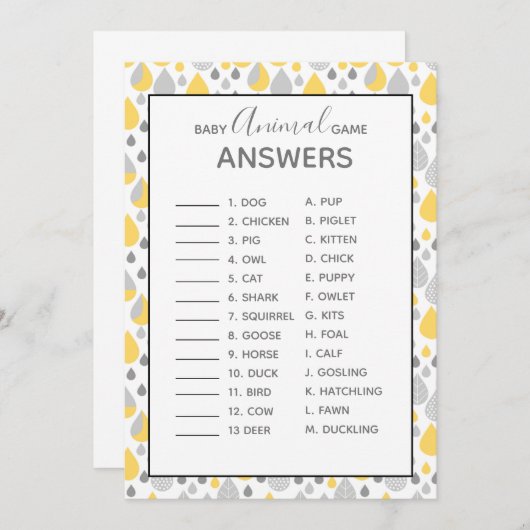 ベビーアニマルゲームベビーシャワーグレー/黄色 招待状 (正面/裏面)