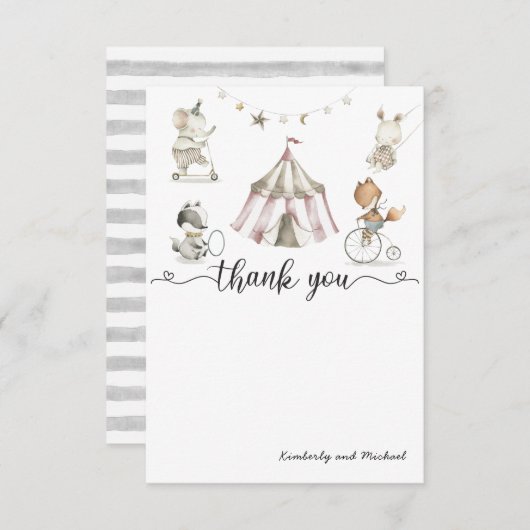 ベビーアニマルサーカス赤ちゃんシャワーサンキューカード サンキューカード (正面/裏面)