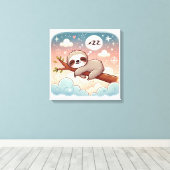 ベビーアニマルズスリーピングスロース子供部屋ウォールアート キャンバスプリント (インサイチュ (ウッドフロア))