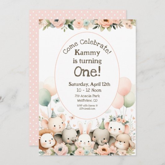 ベビーアニマルズファースト誕生日 招待状 (正面/裏面)