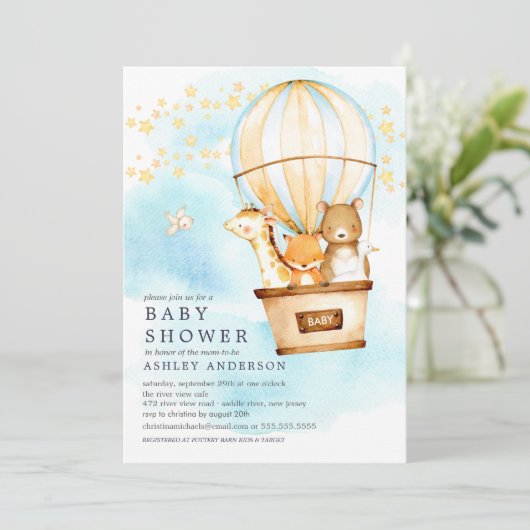 ベビーアニマルズホットエアバルーンに乗るベビーシャワー 招待状 (スタンド正面)