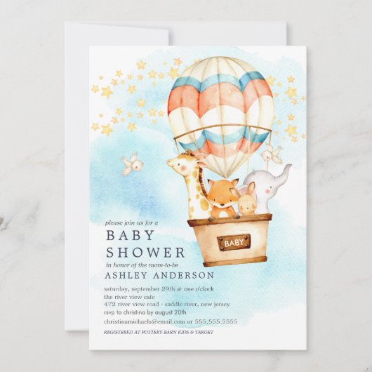 ベビーアニマルズホットエアバルーンに乗るベビーシャワー 招待状 (正面)