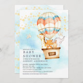 ベビーアニマルズホットエアバルーンに乗るベビーシャワー 招待状 (正面/裏面)
