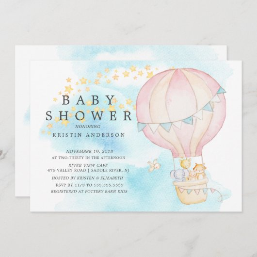 ベビーアニマルズホットエアバルーンに乗るベビーシャワー 招待状 (正面/裏面)