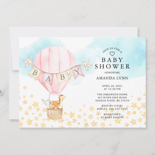 ベビーアニマルズホットエアバルーンベビーガールシャワー 招待状 (正面)