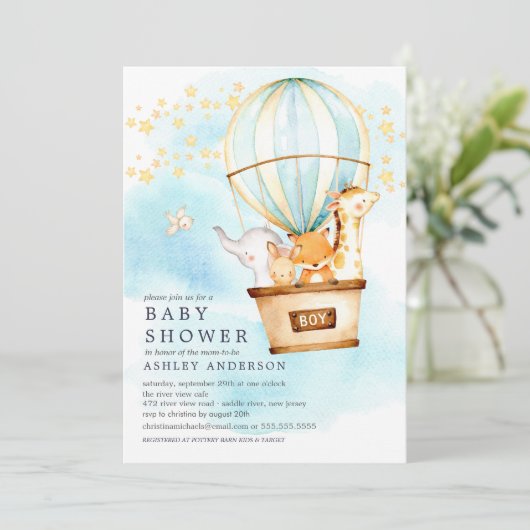 ベビーアニマルズホットエアバルーンライド男の赤ちゃんシャワー 招待状 (スタンド正面)