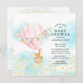 ベビーアニマルズホットエアバルーン乗り女の子ベビーシャワー 招待状 (正面/裏面)