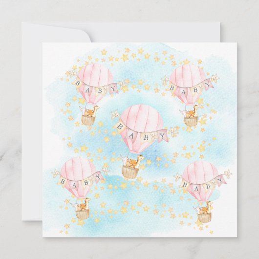 ベビーアニマルズホットエアバルーン乗り女の子ベビーシャワー 招待状 (裏面)