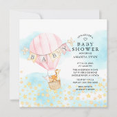 ベビーアニマルズホットエアバルーン乗り女の子ベビーシャワー 招待状 (正面)