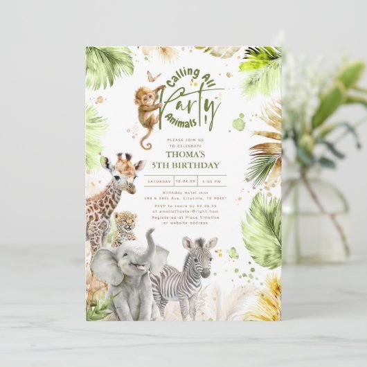 ベビーアニマルズワイルドジャングルサファリキュートおもしろい誕生日 招待状 (スタンド正面)