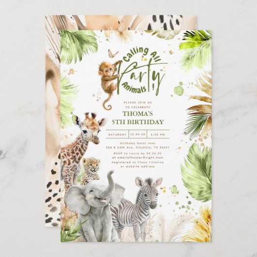 ベビーアニマルズワイルドジャングルサファリキュートおもしろい誕生日 招待状 (正面/裏面)