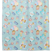 ベビーアニマルバルーンボトルおもちゃライトブルーをテーマにした シャワーカーテン (正面)