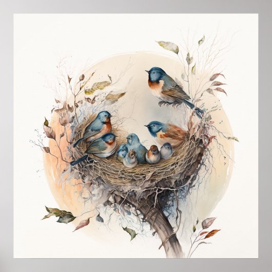 ベビーアニマルプリント子供部屋、バードファミリーポスター ポスター (正面)