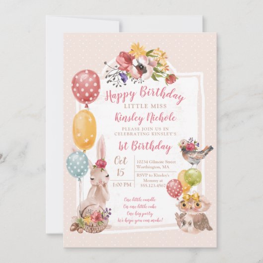 ベビーアニマル小さな女の子水玉模様誕生会 招待状 (正面)