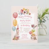 ベビーアニマル小さな女の子水玉模様誕生会 招待状 (スタンド正面)