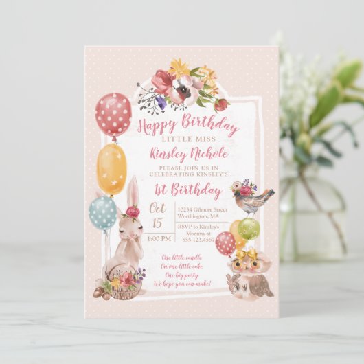 ベビーアニマル小さな女の子水玉模様誕生会 招待状 (スタンド正面)