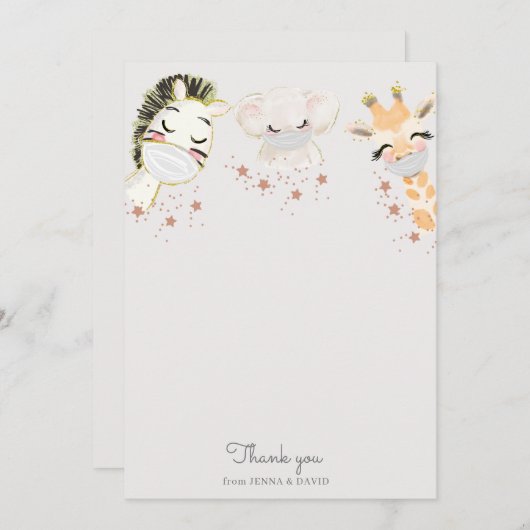 ベビーアニマル顔マスクベビーシャワーサンキューカード サンキューカード (正面/裏面)